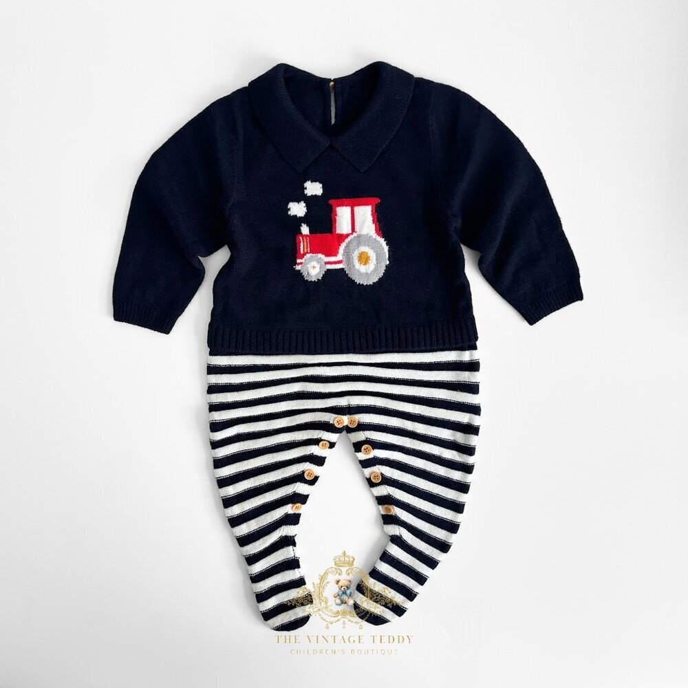 NWT Cute Boys Knit Sweater One-piece Bodysuits Footie Farm Tractor Navy Newborn - Picture 2 of 4